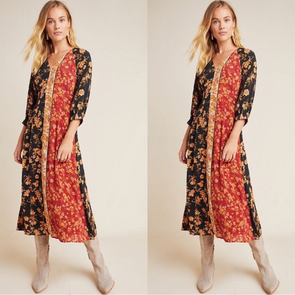 Anthropologie Floral Patchwork Midi Dress - Black and Brown